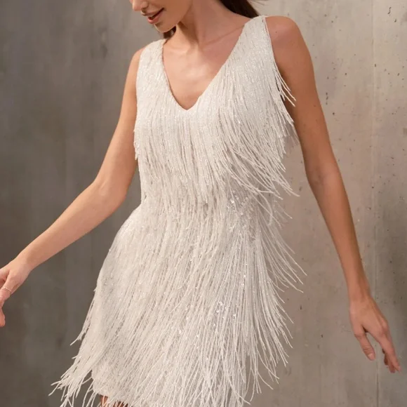 Nadine Merabi Elegant White Fringe Dress - Picture 5 of 9